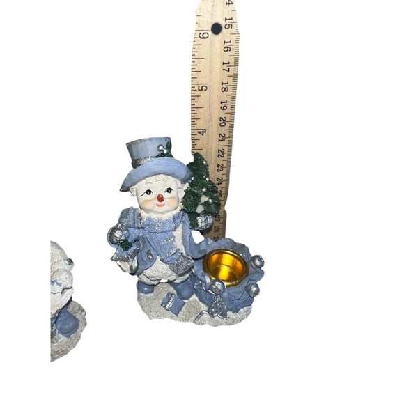 Snowman Candlestick Holder Set Blue White Winter Christmas Mantel Decor - Picture 7 of 11